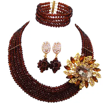 

Wholesale Brown Nigerian African Wedding Beads Jewelry Set African Costume Necklace Set for Women 5C-DS008