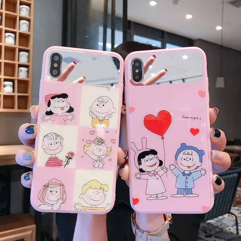 

Cartoon Charlie Lucy mirror makeup case for iPhone 8 7 6 6s plus x xr xs max Peanut Pink love heart couple glossy cover 8plus 10