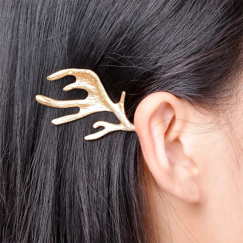 1PC Shiny Golden Elk Horn Antler Hair Clip Hairpin Womens Accessories