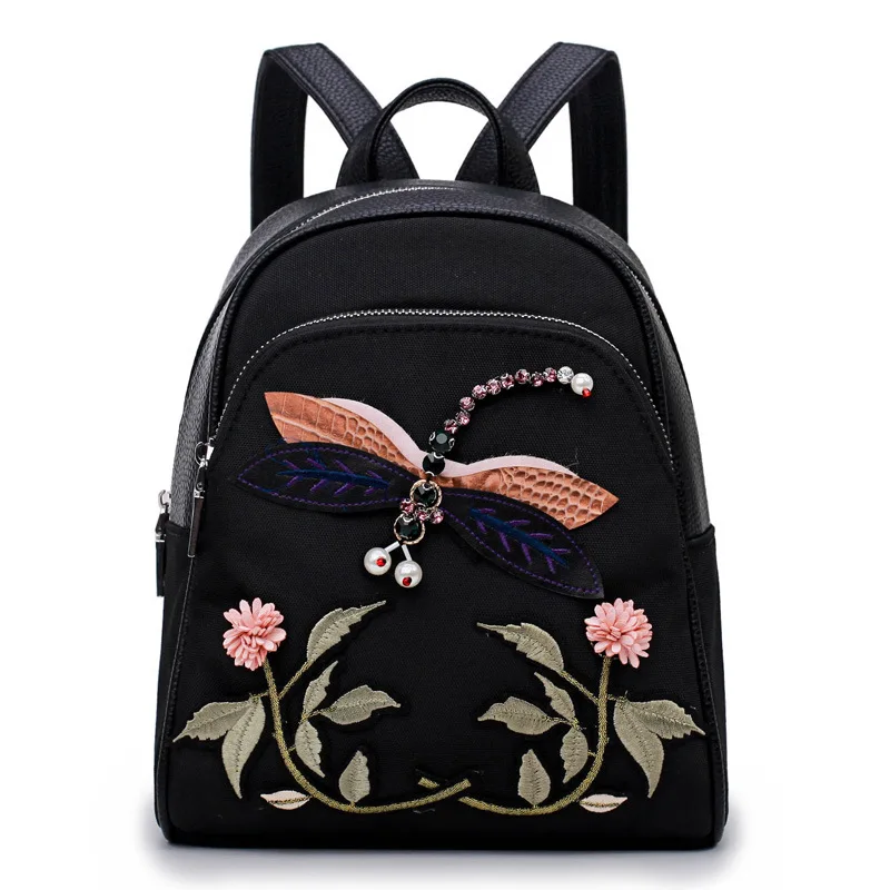2018 National Hand Embroidered Flower Backpack Women Dragonfly Rhinestone Small Backpack Black