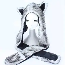 Для женщин мужчин зимние Искусственный мех капюшон животных шляпа уха клапаном ручные карманы 3 in1 головные уборы с козырьком волк плюшевые теплые животны