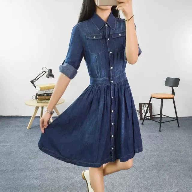 Three Quarter Sleeve One-Piece Denim Dress | Uniqistic.com