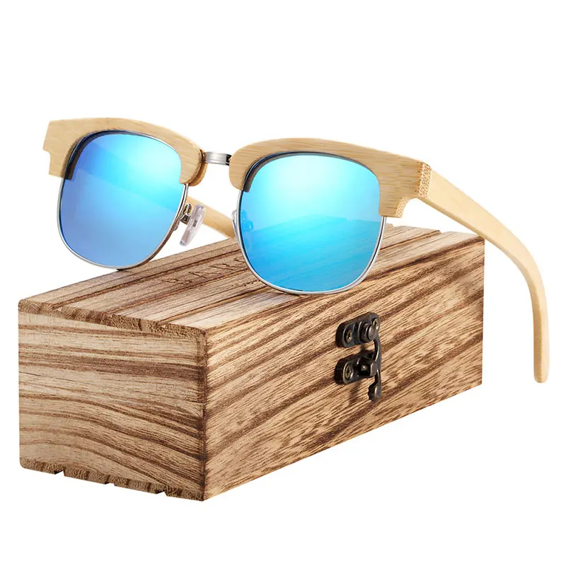Оригинальные солнцезащитные очки BARCUR из натурального бамбука с деревянным чехол - Цвет линз: Blue