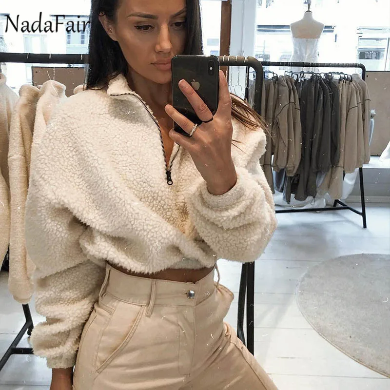  Nadafair Lambswool Cropped Hoodie Women White Long Sleeve Casual Winter Pullovers Autumn Soft Faux 