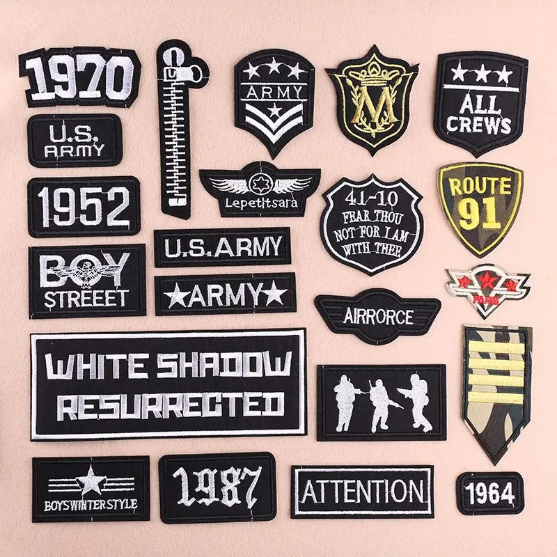

Fashion Letter Patches Set Embroidered Cloth Sticker Black Badge For Men Hot Heat Transfer DIY Iron Sew On Clothing Bag Shoes