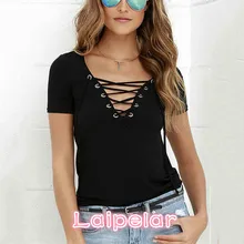 Laipelar Summer Fashion Women T-shirts Short Sleeve Sexy Deep V Neck Bandage Shirt Women Lace Up Tops Tees T Shirt Plus Size 5XL lace up plus size floral stripe t shirt