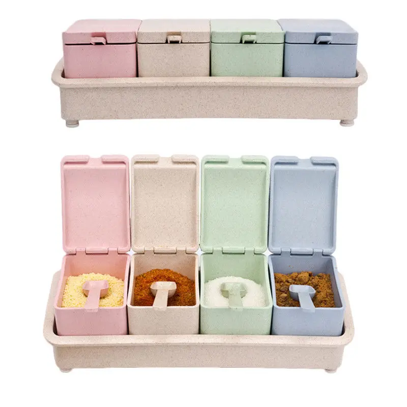 

Home Kitchen Four Grid Spice Jar Condiment Storage Container Seasoning Bottle Kitchen Food Box Wheat Straw Spice Box Kit