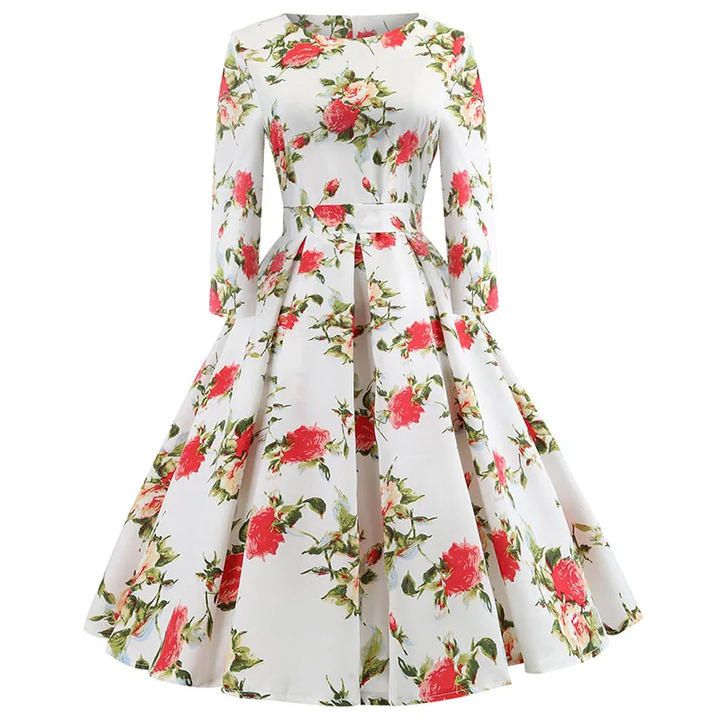 

2019 New Hot Selling Women's Retro Sleeves Summer Hot Sexy Print Dress Vintage A-Line Solid Full Bow Regular Natural O-Neck