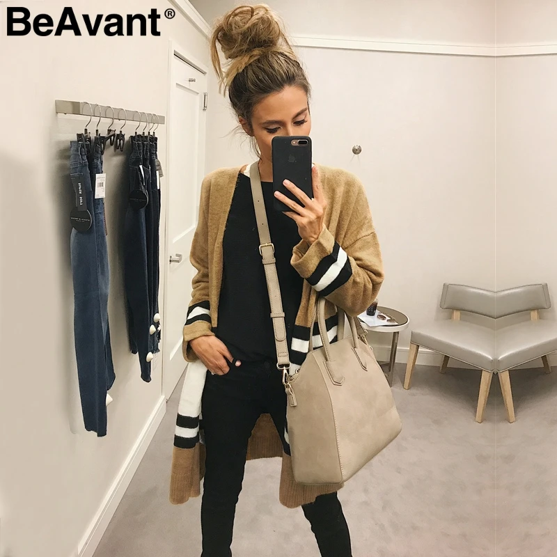 BeAvant V шеи вязаный полосатый кардиган Женщины контрастного цвета свободные