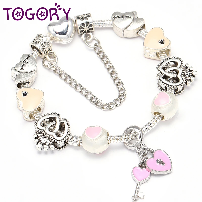 

TOGORY Vintage Silver Color European Charm Bracelets With Key & Love Pendant DIY Brand Bracelets For Women Gift Dropshipping