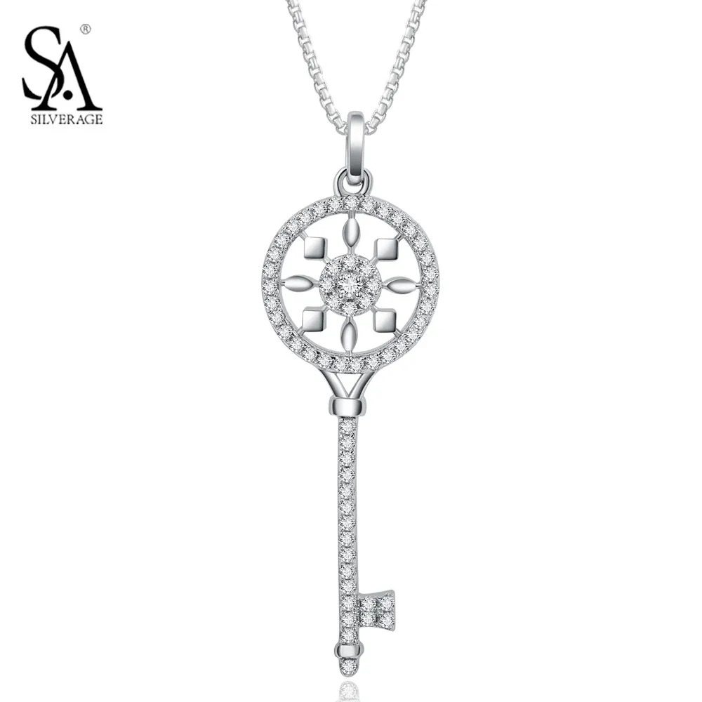 

SA SILVERAGE Real 925 Sterling Silver Key Necklaces Pendants Elegant Stone Floating Charm Wedding Necklace Women Jewelry