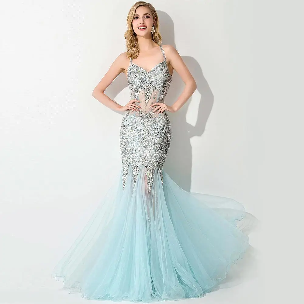 Real photo Luxury Beaded Mermaid Prom Dresses 2015 Spaghetti Strap backless sexy See Through 