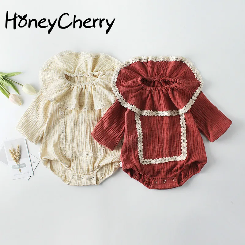 

2019 Spring New Baby Bodysuits Girl Lace Collar Clothes Cotton Long Sleeved Body Climbing Suit Baby Girl Clothes
