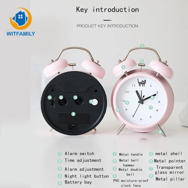 Retro Portable Mini Cartoon Alarm Clock Metal Round Night light Desktop Clock Number Double Bell Table Digital Clock Home Decor