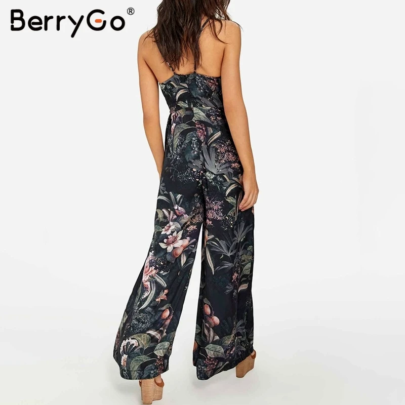 BerryGo Женский Длинный комбинезон богемный цветочный принт широкие ноги romperSexy v