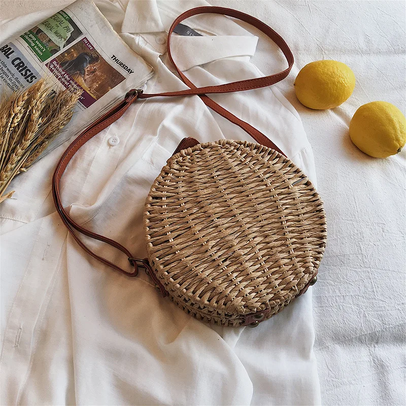 Ретро ручной вязки круглый женская соломенная сумка пляжные сумки магнитная пряжка плетеная Сумка из ротанга сумка на плечо сумка