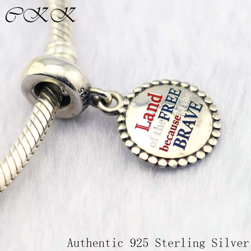 

Authentic 925 Sterling Silver Land Of The Free Because Of The Brave Charm Beads With Mixed Enamel Fit Bracelets DIY PF666