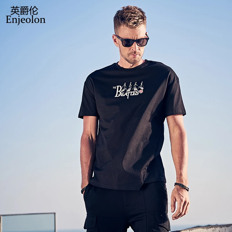 

Enjeolon Summer T shirt Men 2019 Casual Short Sleeved O-neck Print Letter Cotton Tshirts Male Top Tee Shirts 3XL T8158