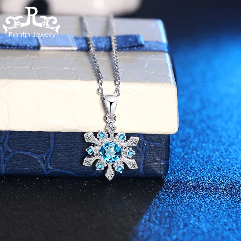 Rinntin Pure 925 Sterling Silver Women Necklaces With Chain Blue AAA Dazzling Zircon Snowflake Shape Pendant For Female PSN15 Fine Jewelry