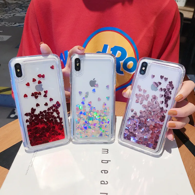 

Fashion liquid quicksand mobile phone case For iphone Xs Max Xr X 6 6S Plus 7 8 Plus Glittering dynamic heart piece shell case