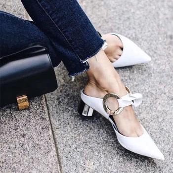 

White Muller Shoes Summer New Style Pointed Toe Pumps Lace Up Design Ring Matal Fashion Slippers Female Round Chunky Heel Shoes