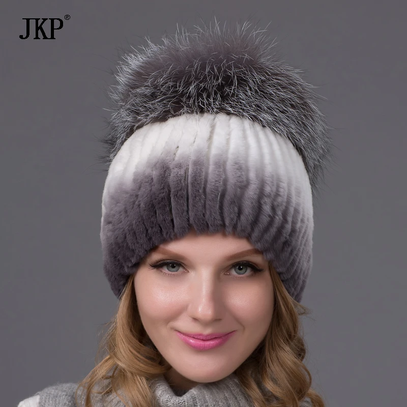 

Winter Rex Rabbit Fur Hat For Women With Fox Fur Pom Poms Top Knitted Beanies Fur Hats New Brand Causal Good Quality Cap THY-02