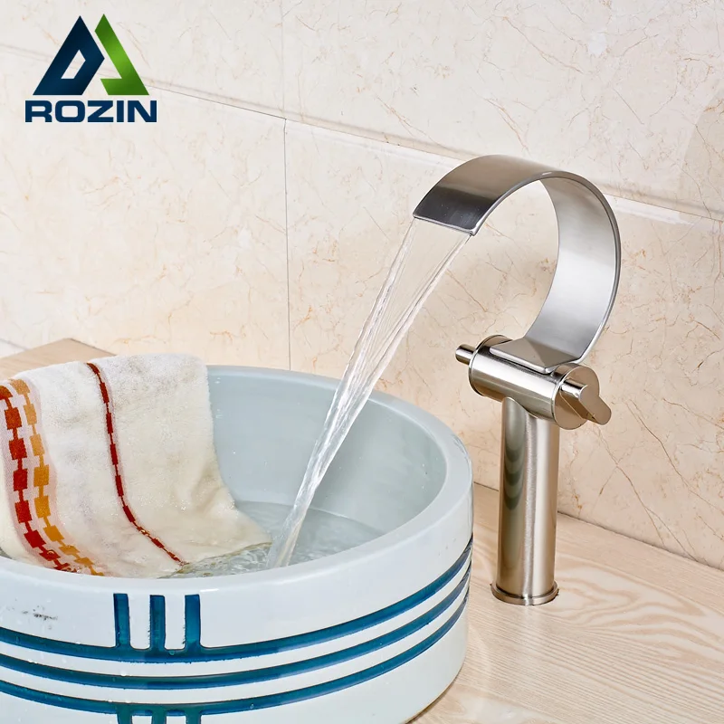 

New Waterfall Dual Handle Countertop Basin Faucet Bathroom Washing Basin Mixer Taps Deck Mounted Brushed Nickel Finish
