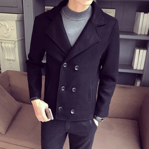 Осень Зима одноцветное цвет высокое качество короткие шерстяное пальто мужской костюм воротник двубортный Молодежный облегающий повседневное - Цвет: 206 black