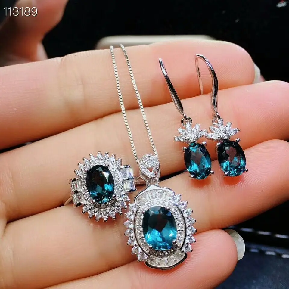 MeiBaPJ Very Beautiful Natural London Blue Topaz Gemstone Jewelry Set 925 Pure Silver 3 Pieces