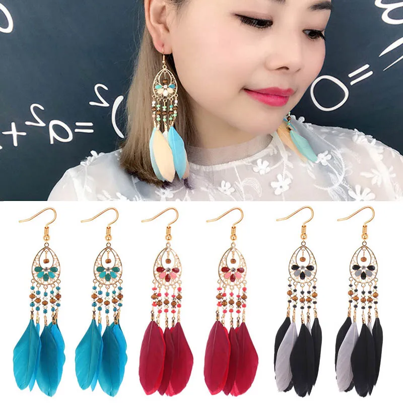 

Bride Round Women Dangle Zircon Big 1Pair 24 Colors Drop Earring Long Beads Boho Fashion Feather Style Crystal Circle Tassel