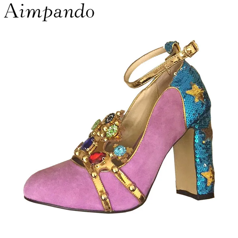 

2019 New Spring Gold Crown Decor Women Pumps Bling Sequined Cloth Ankle Strap Chunky Heel Bridal Wedding Shoes Woman