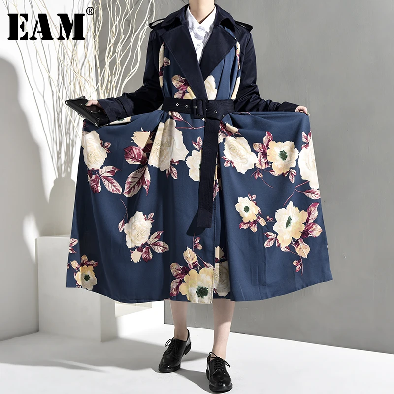 

[EAM] 2019 New Spring Autumn Lapel Long Sleeve Pattern Printed Loose Long Big Size Windbreaker Women Trench Fashion Tide JO5541