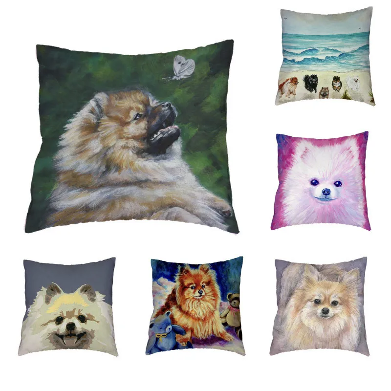 

Lovely Chow Chow Pattern Cushion Cover Polyester Peach Skin Naughty Pomeranian Colorful Flowers Simple Style Pillow Decoration