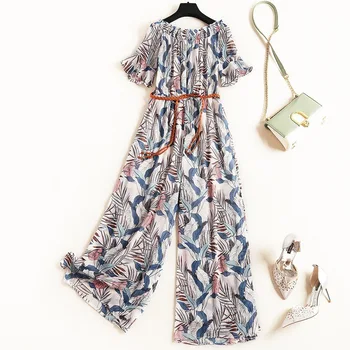 

Fashion Leisure Summer Plus Size Wide-leg Printed Chiffon Slash Neck Ruffles Short Sleeve Rompers Womens Jumpsuit With Sashes