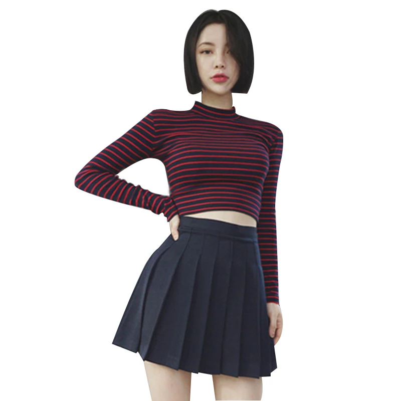 

Women Sexy Short T shirt Chic All-match Classic Stripe Slim Short Bustier Turtleneck Long Sleeved T-shirt Sexy Shirts Tee