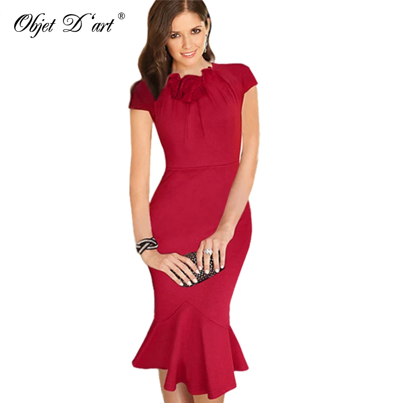 High Quality Vintage Wiggle Dress Flower Neck Solid Mermaid Women