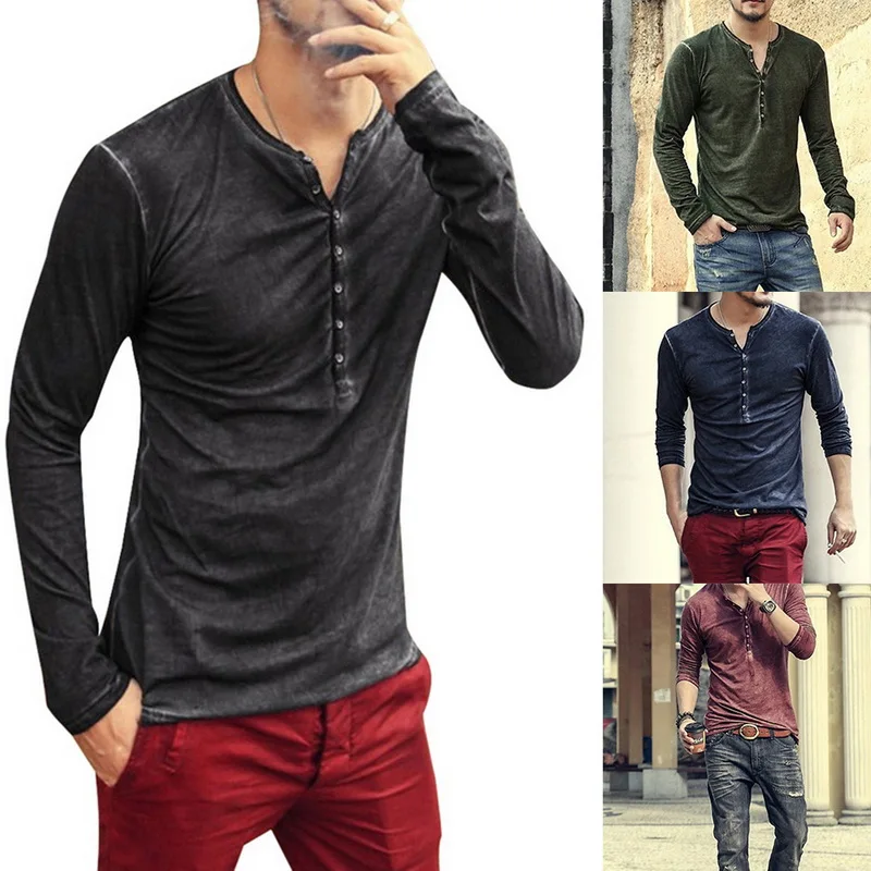 

Summer Casual Henry T Shirt Men V Neck Full Sleeve Camiseta Hombre Button Solid Vintage Shirt Men Slim High Street T Shirt Homme