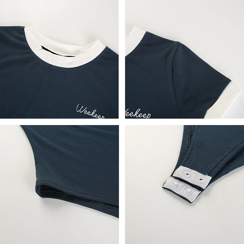 Rapwriter Panelled Letter Embroidery Bodysuit Women 2019 Spring Sexy Stretch Slim O-Neck Short Sleeve Open Crotch body mujer Rapwriter Panelled Letter Embroidery Bodysuit Women 2019 Spring Sexy Stretch Slim O-Neck Short Sleeve Open Crotch body mujer