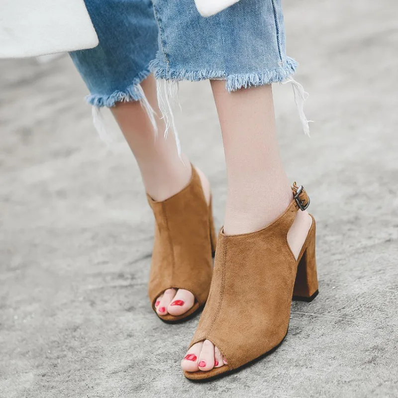 

Spring/Autumn Women Shoes Pumps Flock Nubuck Buckle Strap Peep Toe Gladiator Casual Fashion Thin High Heels Solid Plus Size