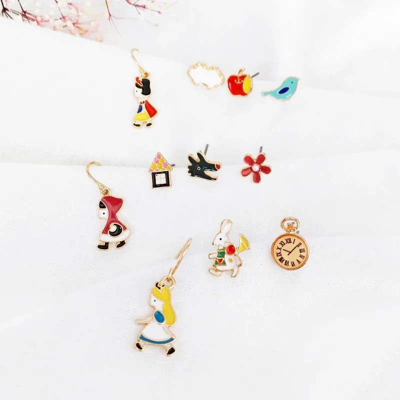 

Free Shipping Cute Metal Enamel Snow White Alice Clocks and watches house bird flower Earrings Wholesale for women