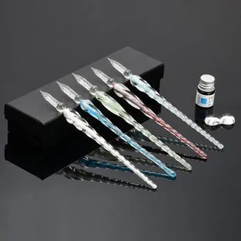 

Colorful Transparent Glass Fountain Pen For Students Using Test Color Dip Pen With 21*6cm Gift Box Handmade Crystal Ink Pens