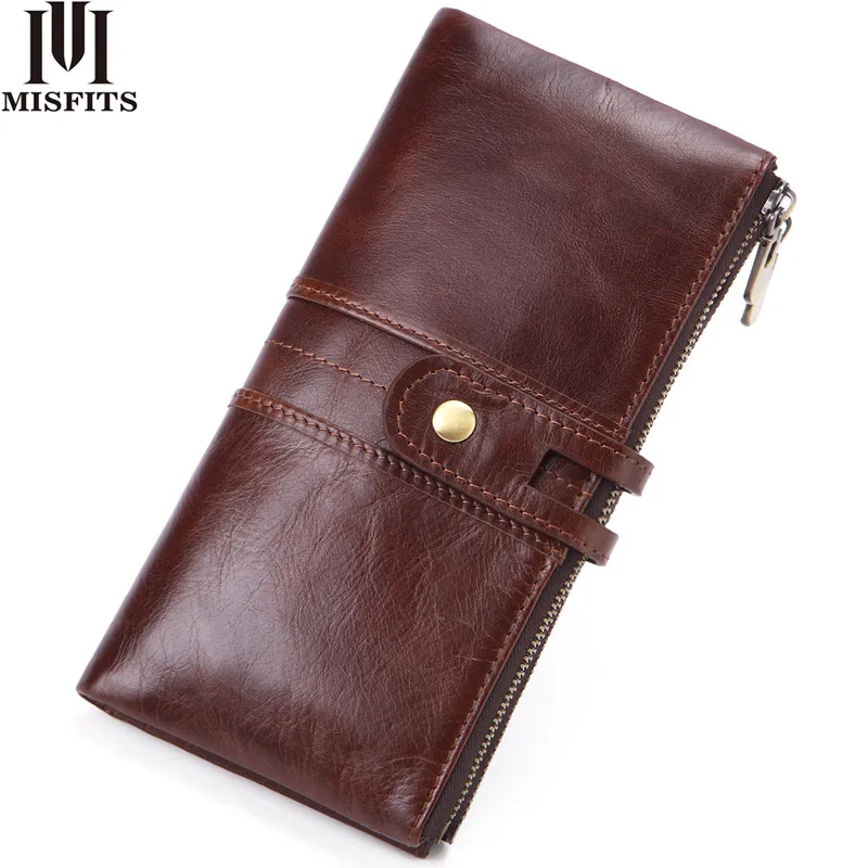 

MISFITS 2019 new long wallet men genuine leather clutch purse with card holder money bag women portemonnee zipper hasp phone bag