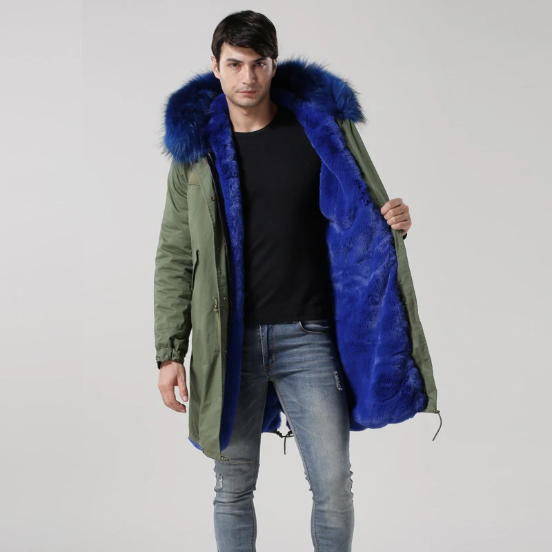 

Mens Army Green Blue Faux Fur Lined With Raccoon Fur Hoodies Long Mens Army Fur Coats mrmrs
