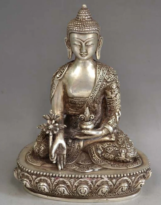 

8.9" Tibet Tibetan Silver Bronze Medicine Buddha Statue