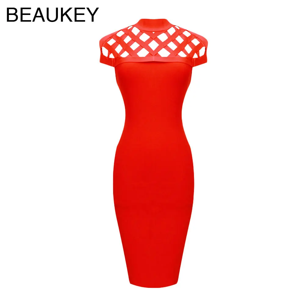 

Red Lattice Hollow Out Turtleneck Rayon Sexy Women's Cap Sleeve Knee Length 2016 Newest Style Bodycon Bandage Dress