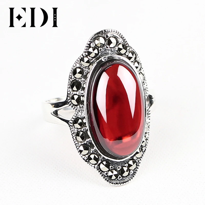 Sterling Silver 925 Ring with Red Natural Gemstone Women's Rings Thai