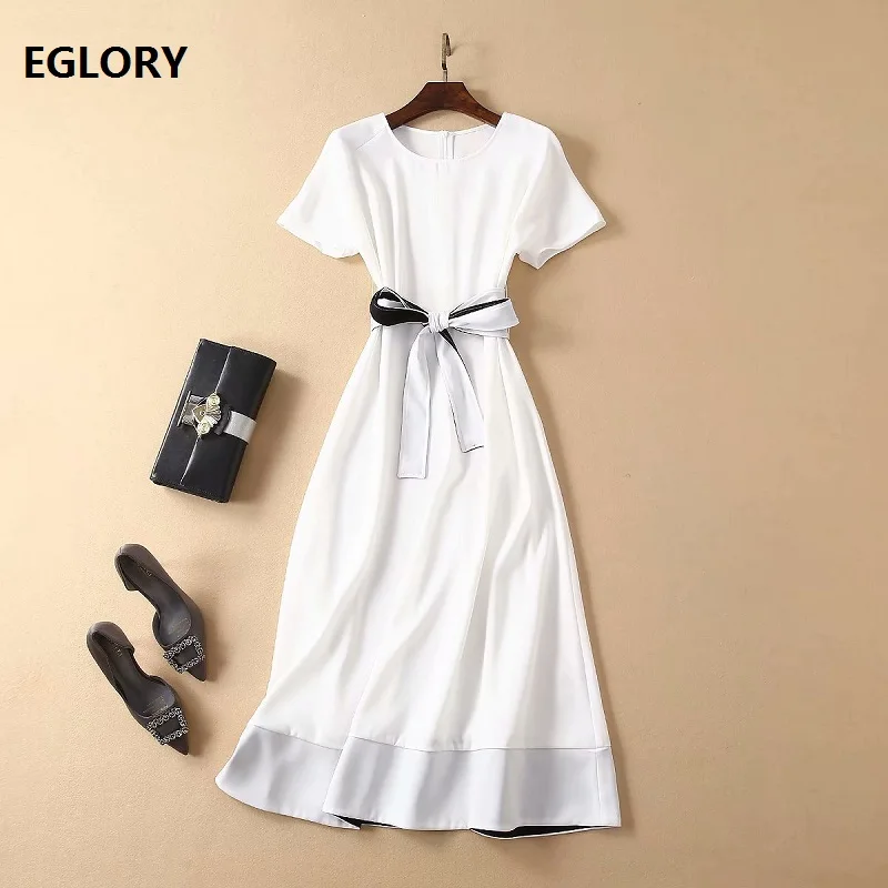 

2019 Summer Fashion Office Lady Dress O-Neck Color Block Belt Patchwork Short Sleeve Mid-Calf Length Elegant White Cotton Dress