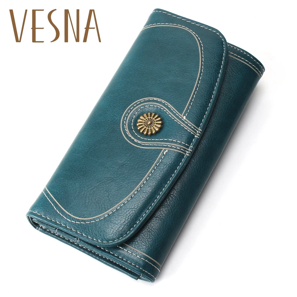 

Oil Wax Pu Leather Wallet Women Leather Long Zipper Hasp Purse Vintage Beading Pearl Design Femalecoin Pocket Wallets