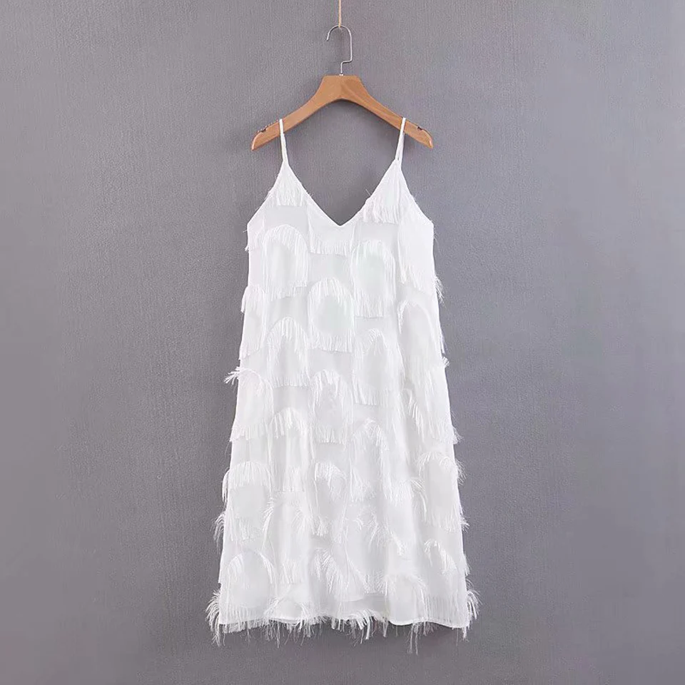 

Women Sexy V-Neck Summer Tassel Dress off shoulder Sleeveless Loose Knee-Length Dresses Female Elegant Party Dress vestidos