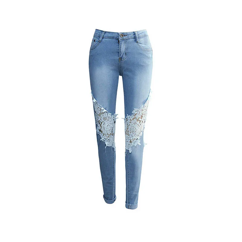 NORMOV 2019 новые женские джинсы с кружевной высокой талией, рваные узкие брюки, обтягивающие длинные джинсы, Длинные уличные стильные